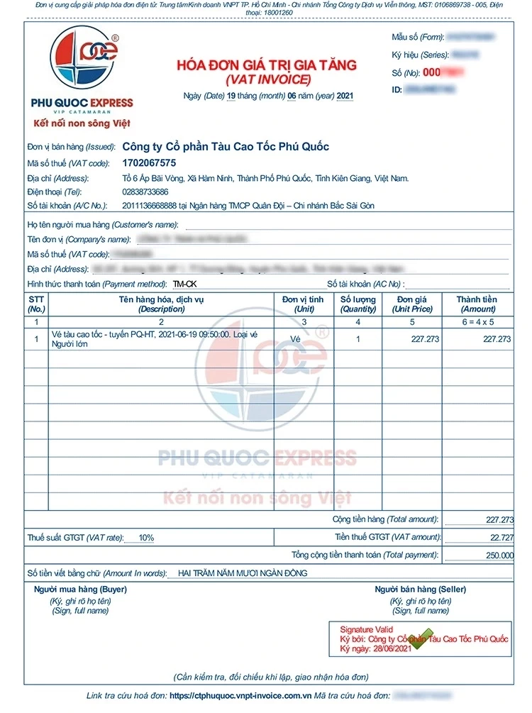 hoá đơn tàu cao tốc Cần Thơ - Côn Đảo